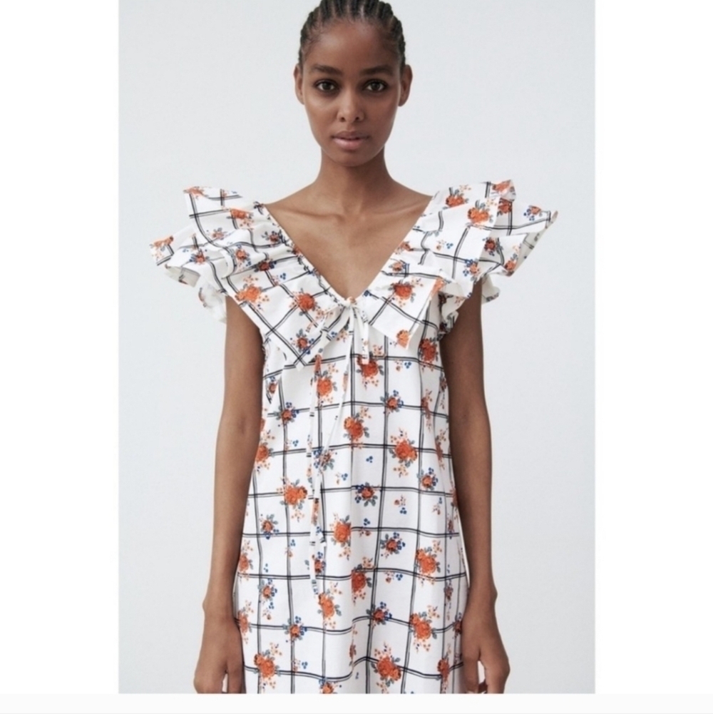 ZARA Plaid Floral Print Ruffle Neckline Dress Size Small